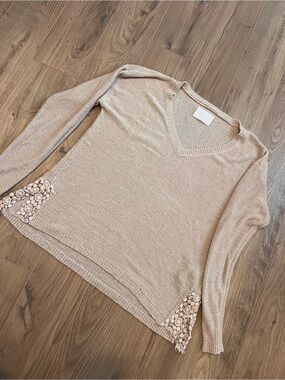 Women's V-Neck Lace Trim Sweater in Light Beige